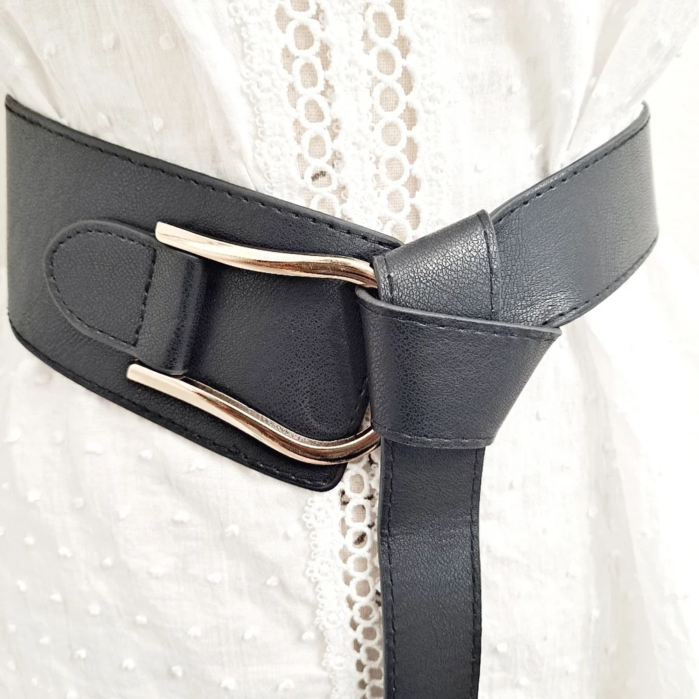 Black Faux Leather Corset Wrap Wide Waist belt Boho Asymmetrical Gold Buckle